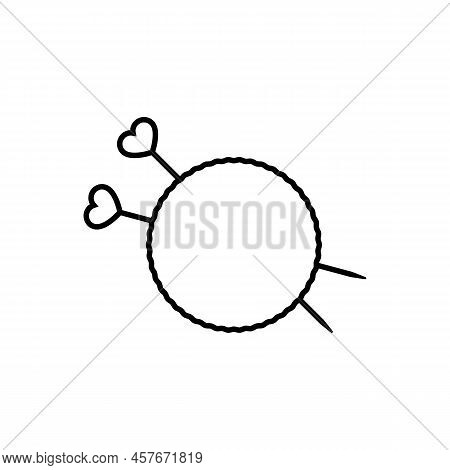 Knitting Needles With Hearts And Abstract Big Ball Of Thread. Simple Minimal Logo Design. Vector Ill