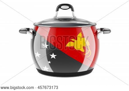 Papuan New Guinean National Cuisine Concept. Papuan New Guinean Flag Painted On The Stainless Steel 