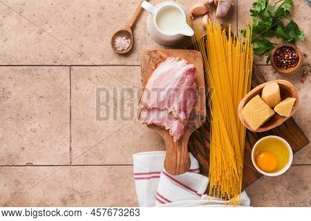Ingredients For Pasta Carbonara. Traidtional Italian Pasta Carbonara Ingredients Bacon, Spaghetti, P