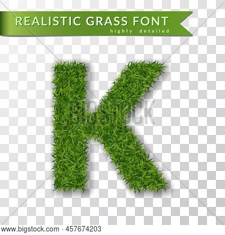 Grass Letter K, Alphabet 3d Design. Capital Letter Text. Green Font Isolated White Transparent Backg