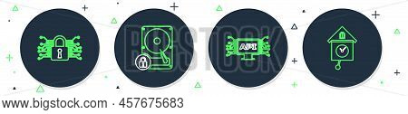 Set Line Hard Disk Drive And Lock, Computer Api Interface, Cyber Security And Retro Wall Watch Icon.