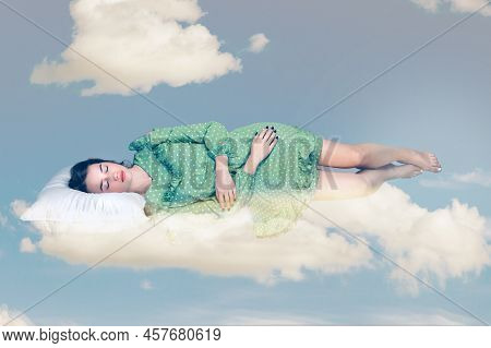 Sleeping Beauty Hovering In Air. Relaxed Girl In Vintage Ruffle Dress Lying Comfortably On Pillow Le