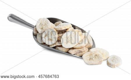 Scoop With Freeze Dried Bananas On White Background