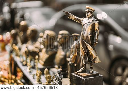 Miniature Bronze Figurines Of Joseph Stalin At Flea Market. Soviet Leader Josef Stalin. Concept Of N