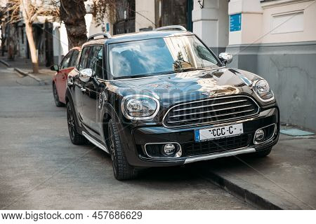 Tbilisi, Georgia - March 28, 2022: Front View Of Black 2018 Mini Countryman Cooper Pre-facelift . Br