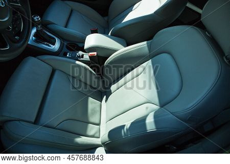 Audi Q3 In Black. Subcompact Luxury Crossover Audi Q3. Detailing. View Of The Front Seats.