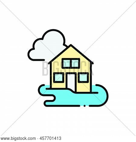 Flooded House Filled Color Icon. Linear Style Sign For Mobile Concept And Web Design. Flooding Disas