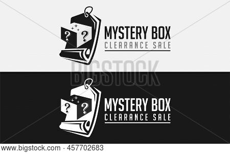 Mystery Box Logo Design With Black Mysterious Box And Tag Sale Combination Style Concept.