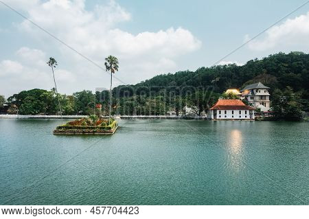 Skyline Aerial View Of Kandy Lake And Temple, Beautiful Stunning Place In The Heart Of Kandy City In