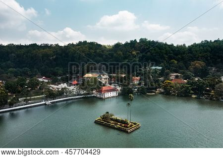 Skyline Aerial View Of Kandy Lake And Temple Beautiful Stunning Place In The Heart Of Kandy City In 