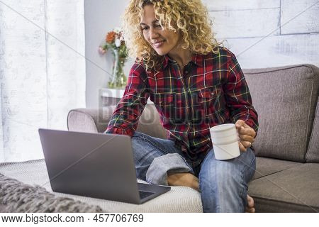 Beautiful Portrait Of Woman Work With Laptop Computer At Home - Shopping And Job Activity With Onlin