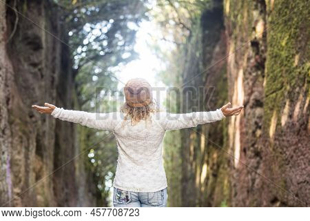 Happiness And Joyful Freedom Concept Life With Woman Viewed From Back Opening Arms And Enjoying The 
