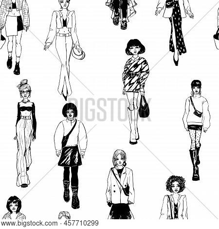 Seamless Pattern. Women In Trendy Clothes. Defile Sketch.