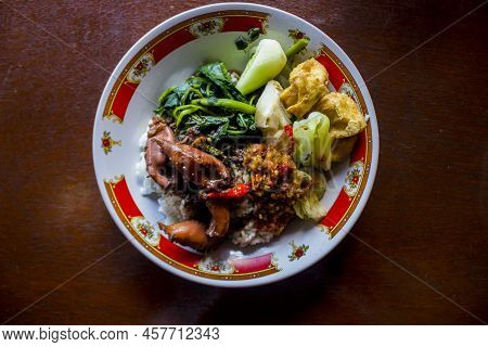 Nasi Tempong Or Sego Tempong Is Traditional Food From Banyuwangi, Indonesia Made From Rice, Traditio