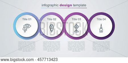 Set Line Tear Cry Eye, Lily Flower, Grave With Cross And Church Building. Business Infographic Templ