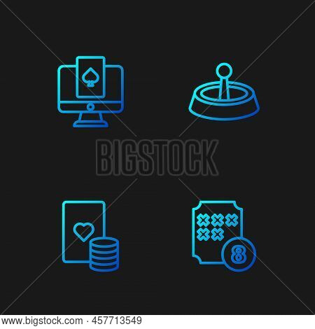 Set Line Lottery Ball On Bingo Card, Casino Chip And Playing Cards, Online Poker Table Game And Roul