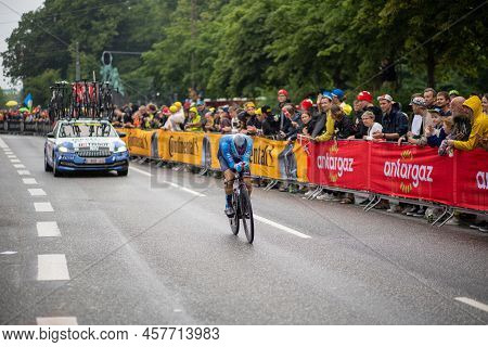 Copenhagen, Denmark - July 01, 2022: A Participant And Spectators At The Tour De France In The City 
