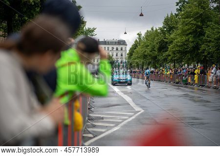 Copenhagen, Denmark - July 01, 2022: A Participant And Spectators At The Tour De France In The City 