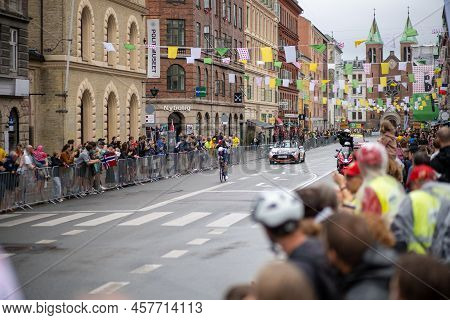 Copenhagen, Denmark - July 01, 2022: A Participant And Spectators At The Tour De France In The City 