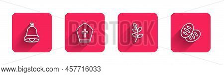 Set Line Church Bell, Pope Hat, Willow Leaf And Christian Bread With Long Shadow. Red Square Button.