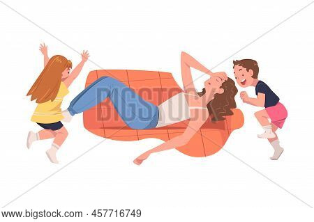 Tired Woman Mom Lying On Sofa Exhausted With Noisy And Energetic Kids Playing Around Vector Illustra