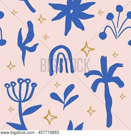 Abstract Scandinavian Floral Seamless Pattern, Hand Drawn Flower Shapes Background