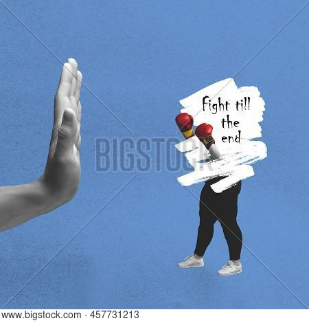 Silhouette Of Plus-size Woman Wearing Sport Uniform Boxing With Huge Hand Isolated On Blue Backgroun