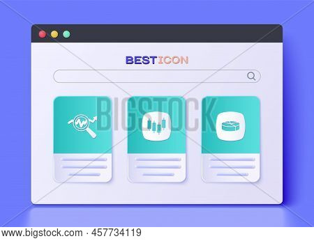 Set Browser With Stocks Market, Search Data Analysis And Pie Chart Infographic Icon. Vector