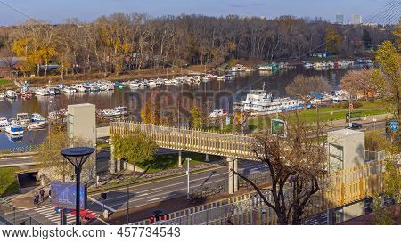 Belgrade, Serbia - November 23, 2021: New Long Span Concrete Pedestrian Bridge Pass Over Busy Boulev