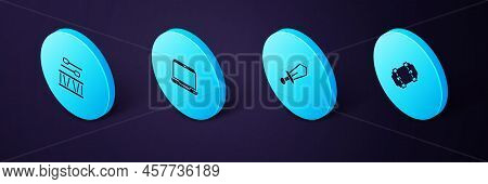 Set Isometric Skateboard, Sword Toy, Laptop And Drum With Drum Sticks Icon. Vector