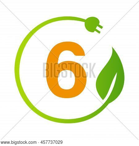 Letter 6 Green Energy Electrical Plug Logo Template. Electrical Plug Sign Concept With Eco Green Lea