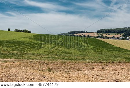 View Over The German Countryside In Rhineland-palatinate With Plowed Agriculture Fields , Germanny