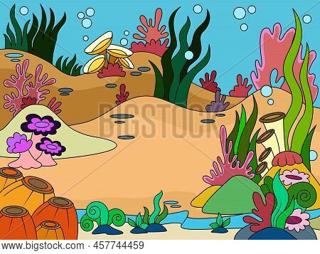 Children Coloring, Seabed Landscape, Marine Plants. Color Picture Vector.
