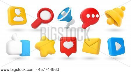 Social Media 3d Icons. Notification Bell, Thumb Up Like, Favorites Star And Comment Button. Search, 
