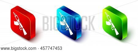 Isometric Submachine Gun Icon Isolated On White Background. Kalashnikov Or Ak47. Red, Blue And Green