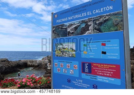 Garachico, Tenerife, Canary Islands, Spain, July 6, 2022: Sign With Information On The Natural Pools