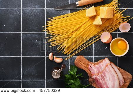 Ingredients For Pasta Carbonara. Traidtional Italian Pasta Carbonara Ingredients Bacon, Spaghetti, P