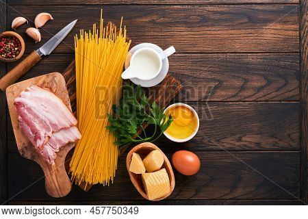 Ingredients For Pasta Carbonara. Traidtional Italian Pasta Carbonara Ingredients Bacon, Spaghetti, P