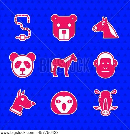 Set Horse, Owl Bird, Wild Boar Head, Monkey, Dog, Cute Panda Face, And Worm Icon. Vector