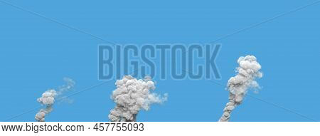 3 Grey Toxic Smoke Columns From Masut Power Plant On Blue, Isolated - Industrial 3d Illustration