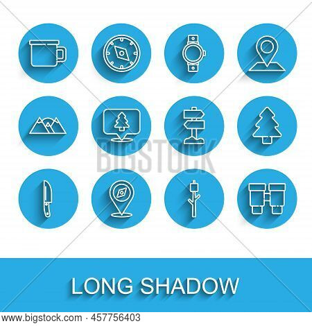 Set Line Knife, Compass, Camping Metal Mug, Marshmallow On Stick, Binoculars, Location Of The Forest
