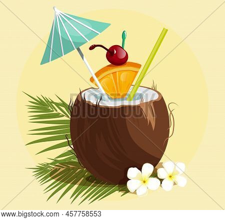 Summer Coconut Cocktail. Palm, Flowers, Orange, Coconut. Illustration