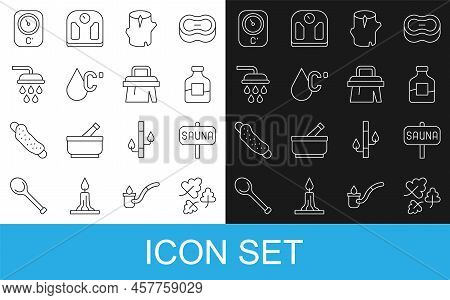 Set Line Oak Leaf, Sauna, Bottle Of Vodka, Wooden Log, Water Temperature, Shower, Thermometer And Br