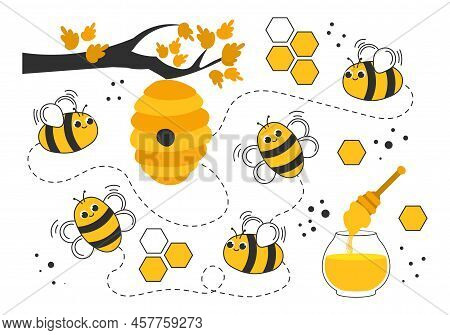 Concept Of Beekeeping. Cute Coloured Bees, Bumblebees Or Wasps. Smiling Insects Fly Around Honeycomb