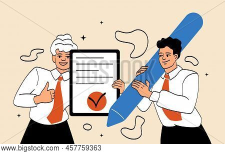 Complete Task Concept. Male And Female Entrepreneurs Finish Projects, Tick Off Document And Achieve 