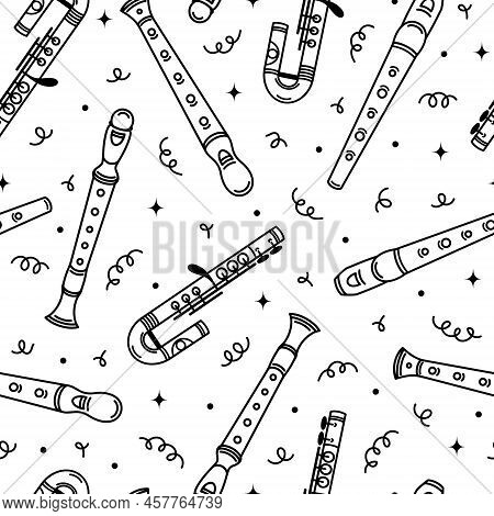 Flute Seamless Vector Pattern. Hand Drawn Wooden, Metal, Plastic Musical Instruments. Block Flute, P