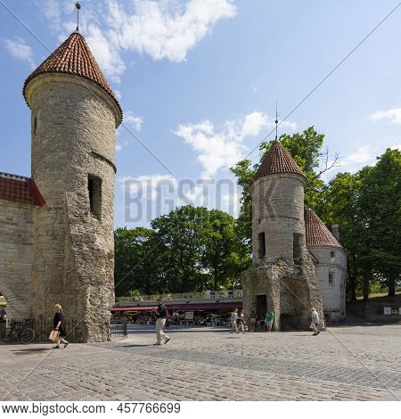 Tallinn, Estonia. July 2022.  Panoramic View Of The Ancient Viru City Gate In The City Center