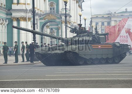 Saint Petersburg, Russia - June 20, 2020: Russian Tank T-72b3 At The Rehearsal Of The Military Parad