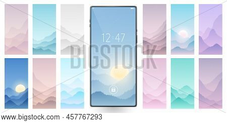 Smartphone Wallpapers Set. Abstract Backgrounds. Smartphone Vector Mockup. Mountain Landscapes Colle