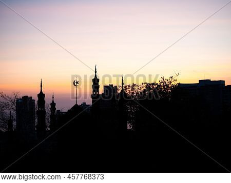 Ramadan, Eid Ai-fitr,new Year Muharram Islamic Religion Symbols With Mosques Dome Silhouette On Dark
